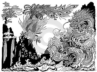 Dragon and Feng Huang are playing with a pearl. Black and white Illustration Vector Illustration