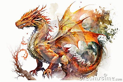 Full Body Dragon Fire Painting watercolor , Watercolor Painting Artwork. Stock Photo