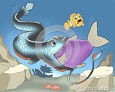 Dragon fish eats other fish cartoon Stock Photo