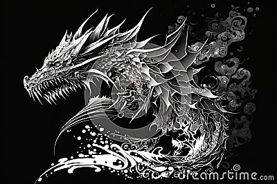 Dragon with floral ornament on a black background Cartoon Illustration