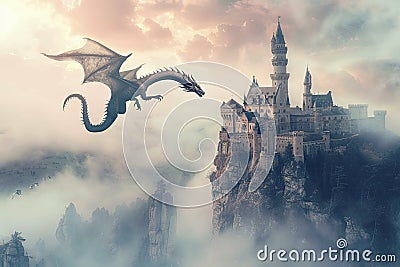 Dragon Flying Over Castle in the Sky Stock Photo