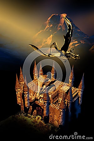 Fantasy castle and dragon Stock Photo