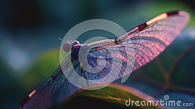 a dragon flys over a leaf in a blurry photo Stock Photo