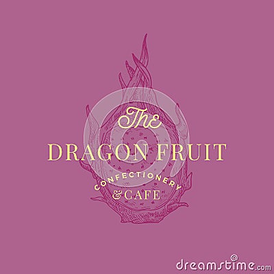 Dragon Fruit Cafe Abstract Vector Sign, Symbol or Logo Template. Hand Drawn Sketch Dragonfruit with Retro Typography Vector Illustration