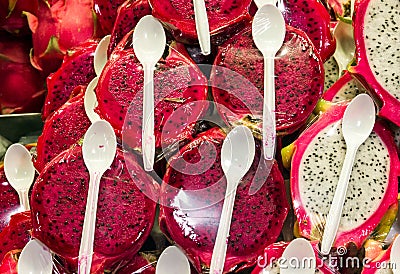 Dragon fruit, exotic Thai fruits, cut, with spoons Stock Photo