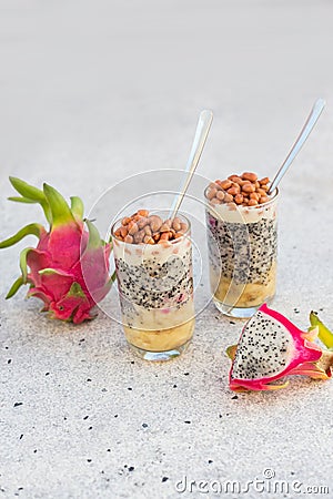 Dragon fruit juice smoothies with nuts and banana cocktail Stock Photo