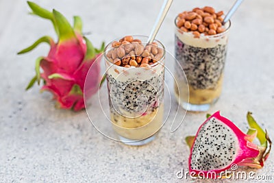 Dragon fruit juice smoothies with nuts and banana cocktail Stock Photo