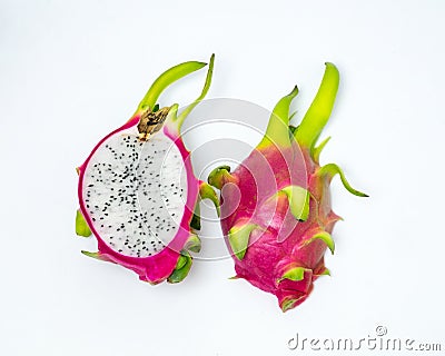 Dragon fruit pink peel green stalk slice on white background Stock Photo