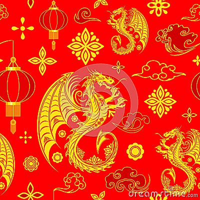 Dragon Golden Symbol of Happy Chinese New Year Vector Seamless Repeat Pattern Design Textile Motive illustration Vector Illustration