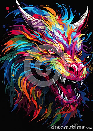 Dragon Head by Bright Color Transforming Werewolf Portrait Face Stock Photo