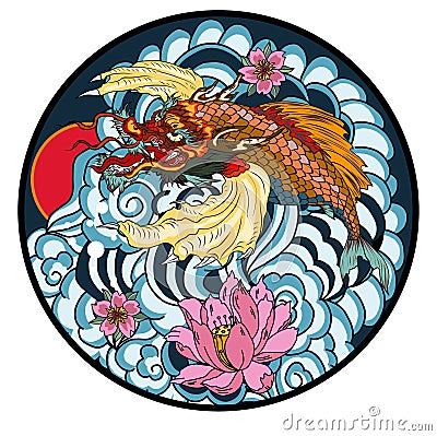 Dragon head and koi carp fish in circle design for tattoo Vector Illustration