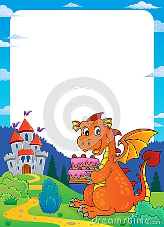 Dragon holding cake theme frame 2 Vector Illustration