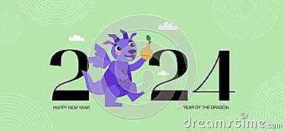 Dragon holding a pear. Summer time. Happy Chinese New Year 2024. Year of the Dragon. Lunar new year celebration concept Vector Illustration