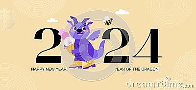 Dragon with ice cream in his hands. Happy Chinese New Year 2024. Year of the Dragon. Lunar new year celebration concept Vector Illustration