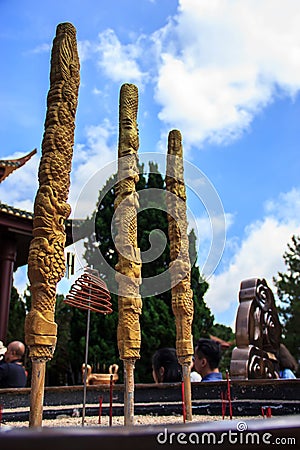 Dragon Joss sticks burnt in the giant pot in front yard of vietnamese temple, Chua Truc Lam, Dalat, Vietnam, Asia Stock Photo