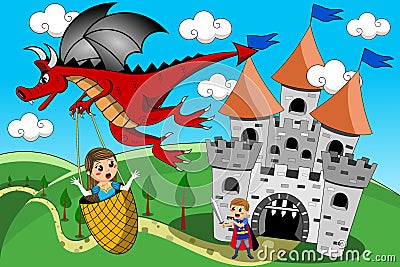 Dragon Kidnapping Princess Prince Castle Tale Vector Illustration