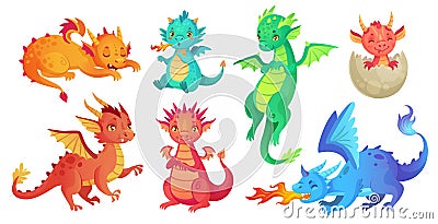 Dragon kids. Fantasy baby dragons, funny fairytale reptile and medieval legends fire breathing serpent cartoon isolated Vector Illustration