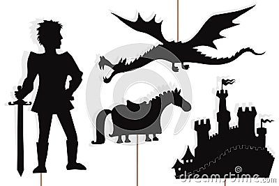 Dragon, knight, castle and horse shadow puppets Stock Photo