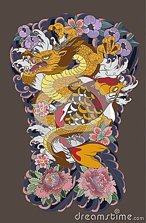 The Dragon and koi carp fish with water splash and peony flower,cherry blossom,peach blossom on cloud background. Vector Illustration