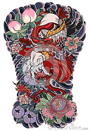 The Dragon and koi carp fish with water splash and peony flower,cherry blossom,peach blossom on cloud background. Vector Illustration