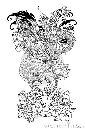 Dragon with Koi Dragon and lotus flower tattoo.peach with Sakura and plum flower on cloud background. Vector Illustration