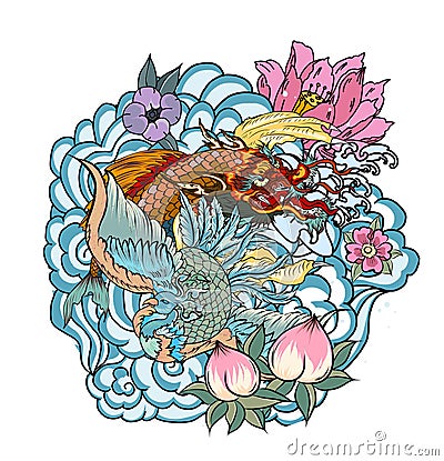 Dragon with Koi Dragon and lotus flower tattoo.peach with Sakura and plum flower on cloud background. Vector Illustration