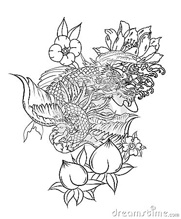 Dragon with Koi Dragon and lotus flower tattoo.peach with Sakura and plum flower on cloud background. Vector Illustration