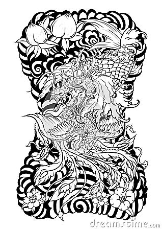 Dragon with Koi Dragon and lotus flower tattoo.peach with Sakura and plum flower on cloud background. Vector Illustration