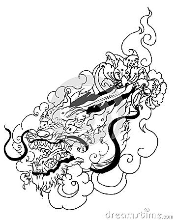 Dragon with Line Thai wave tattoo.Japanese wave vector set and thai style. Vector Illustration