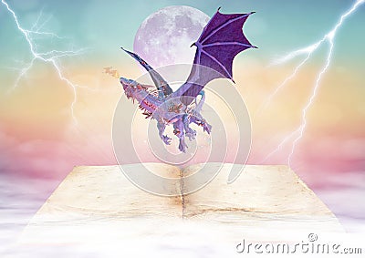 Dragon on magic fairytale book background Cartoon Illustration