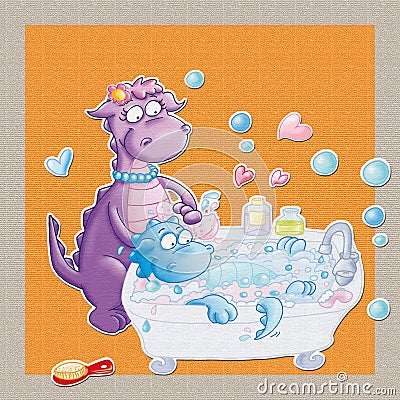 Dragon makes bath time, Mom washes Stock Photo