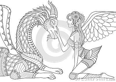 Dragon is at mercy of beautiful angel, line art design for coloring book for both children and adult and other illustrations Vector Illustration