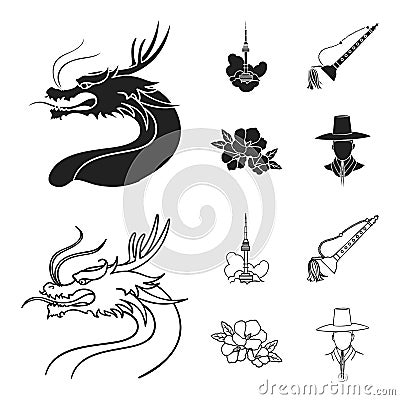 Dragon with mustache, Seoul tower, national musical instrument, hibiscus flower. South Korea set collection icons in Vector Illustration