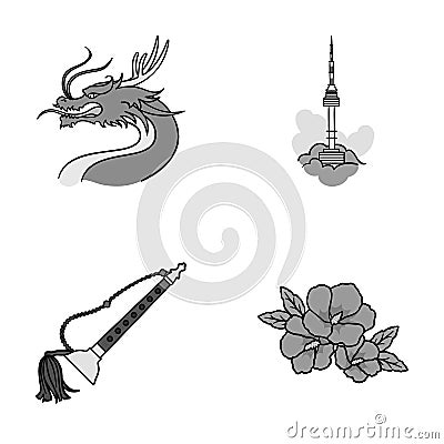 Dragon with mustache, Seoul tower, national musical instrument, hibiscus flower. South Korea set collection icons in Vector Illustration