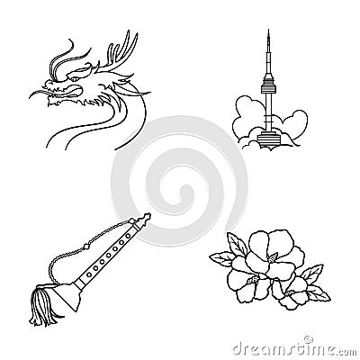 Dragon with mustache, Seoul tower, national musical instrument, hibiscus flower. South Korea set collection icons in Vector Illustration