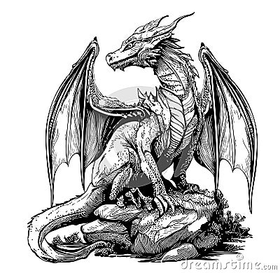 Dragon mystical with wings sketch drawn in doodle style vector illustration Cartoon Illustration