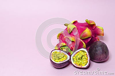 Dragon, pitaya, red tropical pitaya or cactus and passion fruit Stock Photo