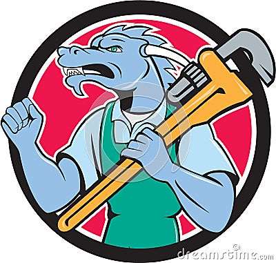 Dragon Plumber Monkey Wrench Fist Pump Cartoon Vector Illustration