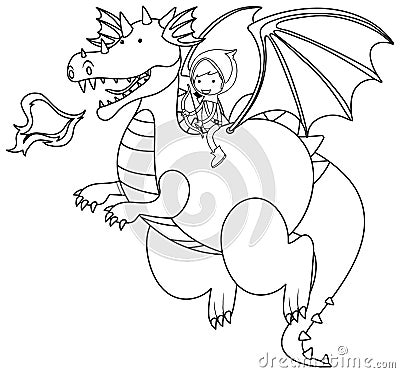 Dragon rider black and white doodle character Vector Illustration