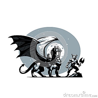 Dragon rider. Nazgul. Dragon against the background of the moon and starry sky. Stock Photo