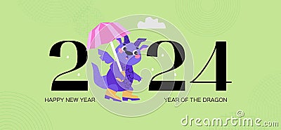 Dragon in rubber boots with an umbrella. Happy Chinese New Year 2024. Year of the Dragon. Lunar new year celebration Vector Illustration