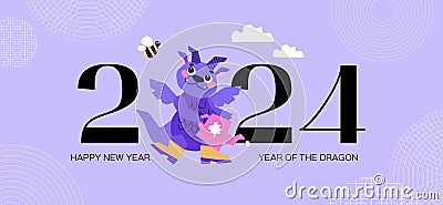 Dragon in rubber boots watches a bee and waters flowers with a watering can. Happy Chinese New Year 2024. Year of the Vector Illustration