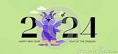 Dragon in rubber boots watching a bee. Happy Chinese New Year 2024. Year of the Dragon. Lunar new year celebration Vector Illustration