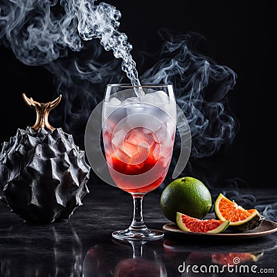 Dragon's Breath Elixir, A mesmerizing drink featuring a smoky effect created with dry ice. Stock Photo