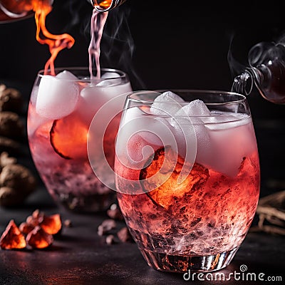 Dragon's Breath Elixir, A mesmerizing drink featuring a smoky effect created with dry ice. Stock Photo