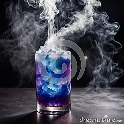 Dragon's Breath Elixir, A mesmerizing drink featuring a smoky effect created with dry ice. Stock Photo