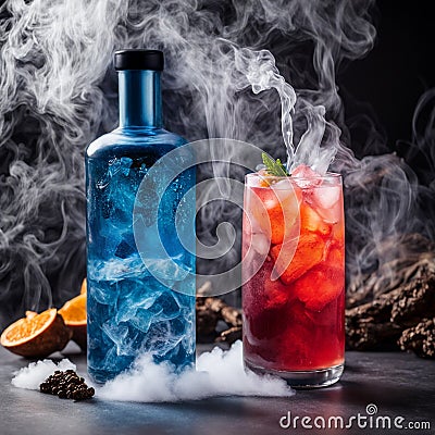 Dragon's Breath Elixir, A mesmerizing drink featuring a smoky effect created with dry ice. Stock Photo