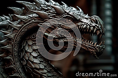 Dragon's head with an open large mouth. Scary snarling statue of serpent. Dragon scales Stock Photo