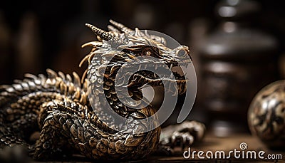Dragon sculpture, fierce animal head, horned lizard, ancient Chinese culture generated by AI Stock Photo