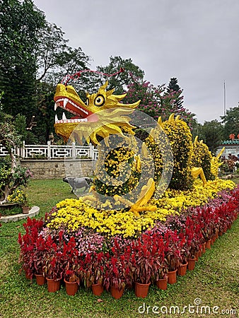 Dragon statue made of flowers in Wun Chuen Sin Koon in New Territories Hong Kong on Dec 17 2023 Editorial Stock Photo